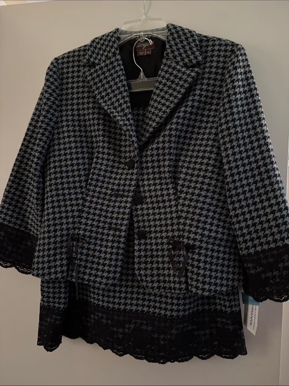 Kay Unger Black & Gray Houndstooth Lace-Trim Blazer